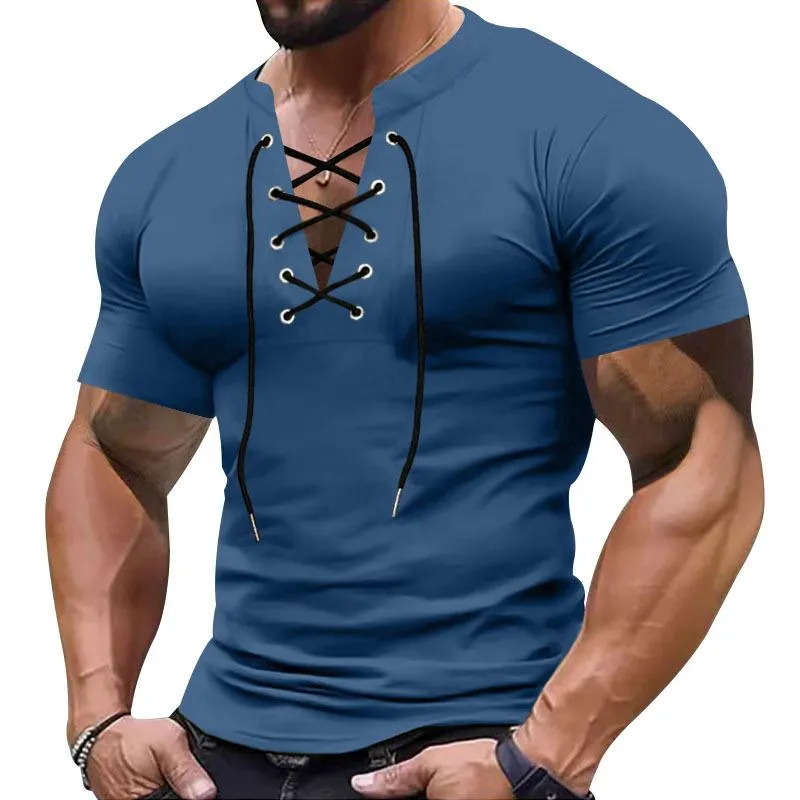 Men's Retro V-neck Lace-up Sports Short-sleeved T-shirt 33535623X sold by Manly product image thumbnail 4