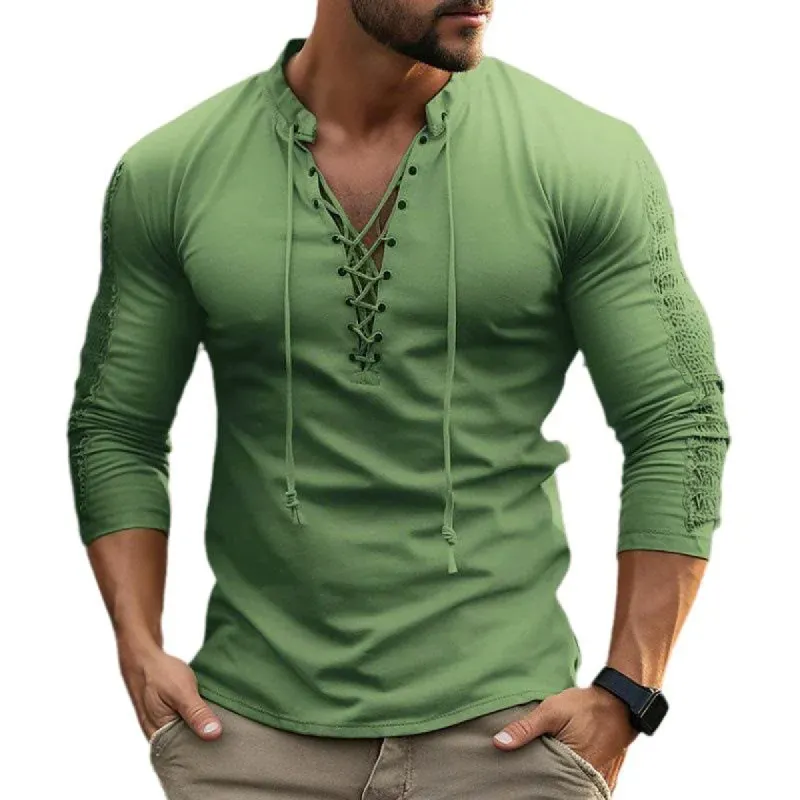Men's Solid Lace Up Collar Long Sleeve T-shirt 67786985Z sold by Manly