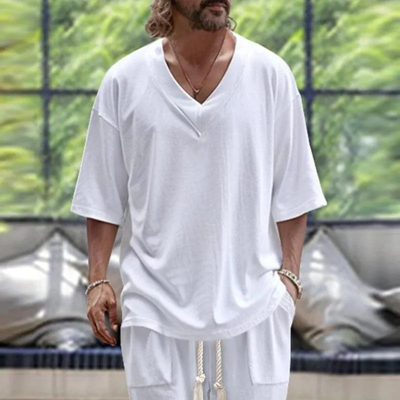 Men's Casual Solid Color V-Neck Short Sleeve T-Shirt Loose Tapered Pants Set 56892368M sold by Manly product image thumbnail 4