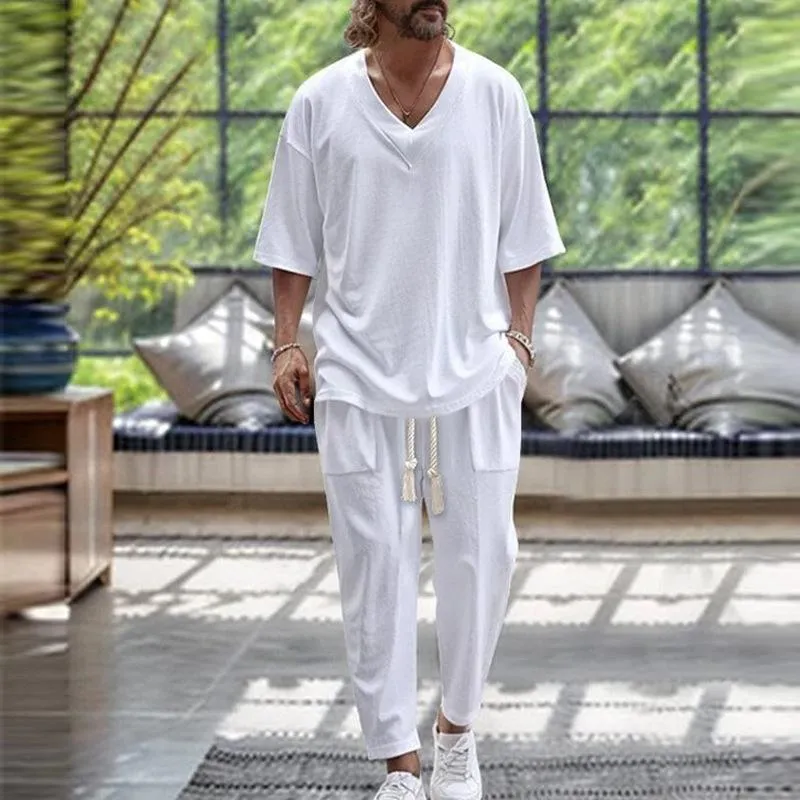 Men's Casual Solid Color V-Neck Short Sleeve T-Shirt Loose Tapered Pants Set 56892368M sold by Manly product image thumbnail 3