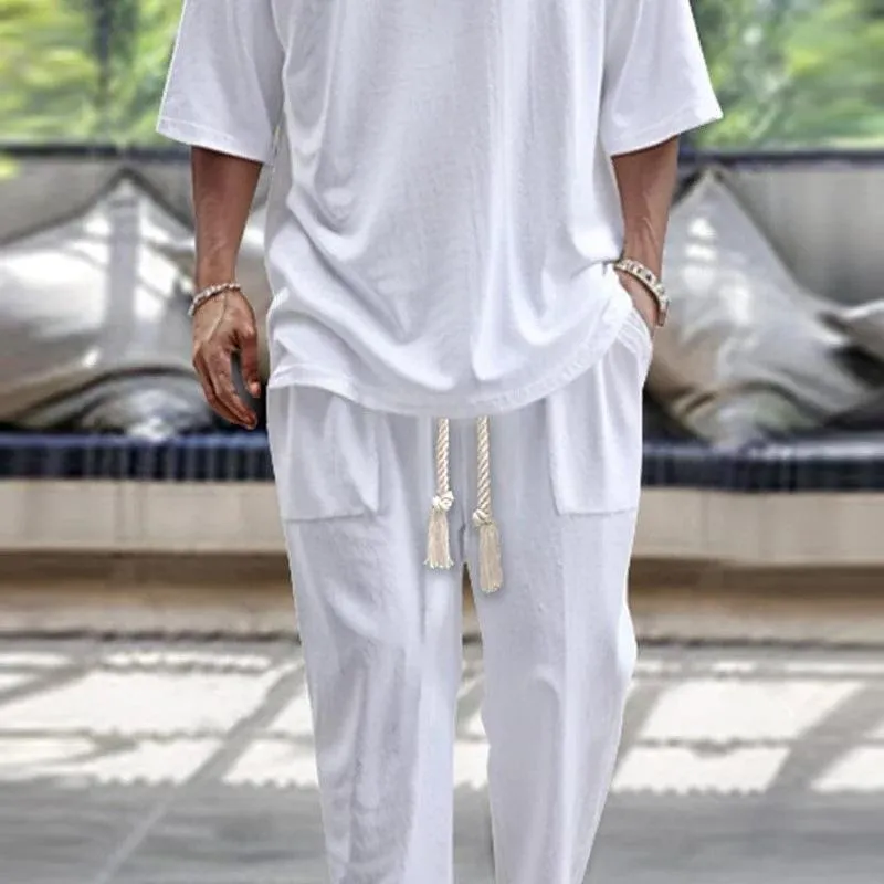 Men's Casual Solid Color V-Neck Short Sleeve T-Shirt Loose Tapered Pants Set 56892368M sold by Manly product image thumbnail 5