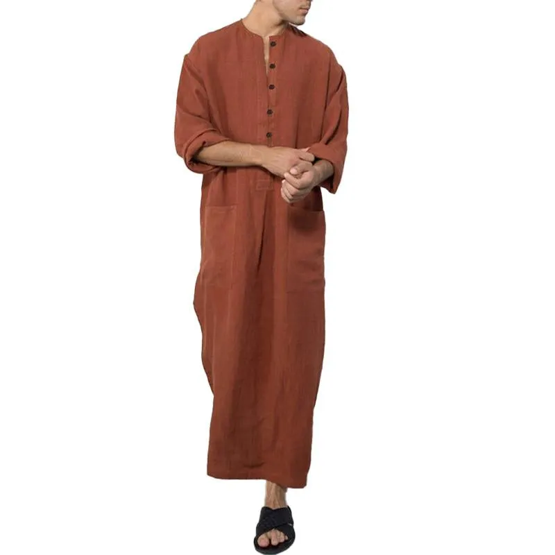 Men's Casual Solid Color Ethnic Style Loose Stand Collar Long Sleeve Robe 05898814Y sold by Manly