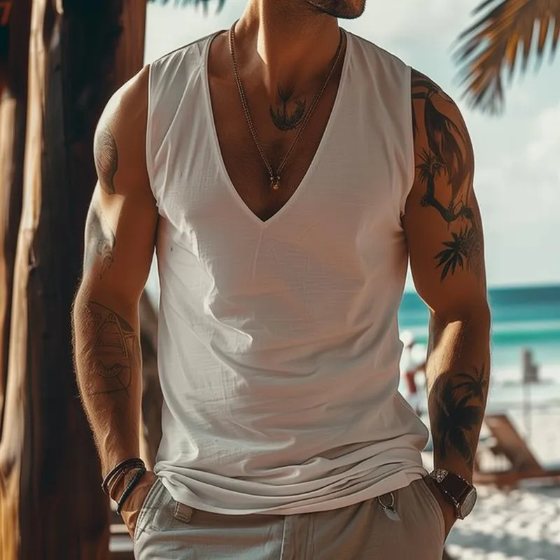 Men's Casual Cotton Blended Deep V Neck Slim Fit Tank Top 88433785M sold by Manly product image thumbnail 3