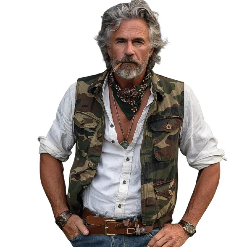 Men's Vintage Camouflage Multi-Pocket Single-Breasted Cargo Vest 58230747Y sold by Manly