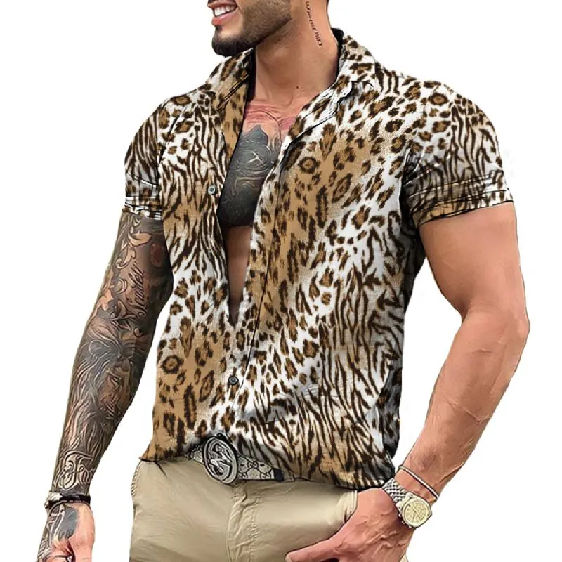Men's Retro Punk Leopard Lapel Short Sleeve Shirt 39667970TO sold by Manly