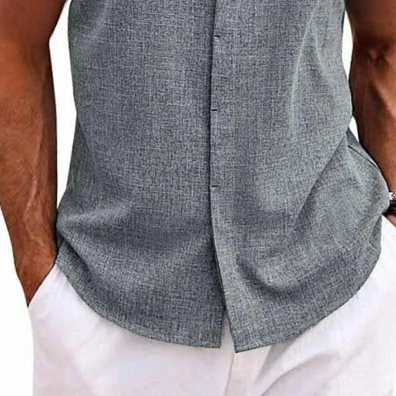 Men's Solid Color Lapel Cotton and Linen Sleeveless Shirt 33989351TO sold by Manly product image thumbnail 3