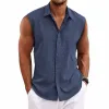 Men's Solid Color Lapel Cotton and Linen Sleeveless Shirt 33989351TO sold by Manly