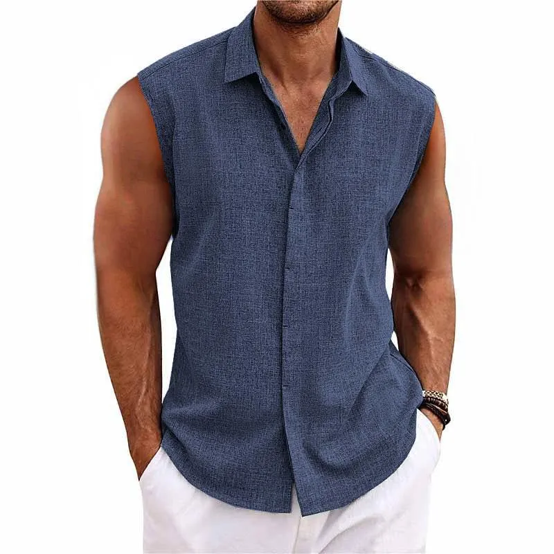 Men's Solid Color Lapel Cotton and Linen Sleeveless Shirt 33989351TO sold by Manly product image thumbnail 5