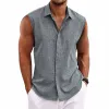 Men's Solid Color Lapel Cotton and Linen Sleeveless Shirt 33989351TO sold by Manly
