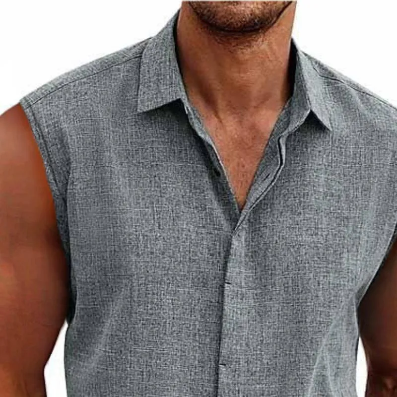 Men's Solid Color Lapel Cotton and Linen Sleeveless Shirt 33989351TO sold by Manly product image thumbnail 2