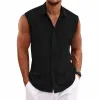 Men's Solid Color Lapel Cotton and Linen Sleeveless Shirt 33989351TO sold by Manly