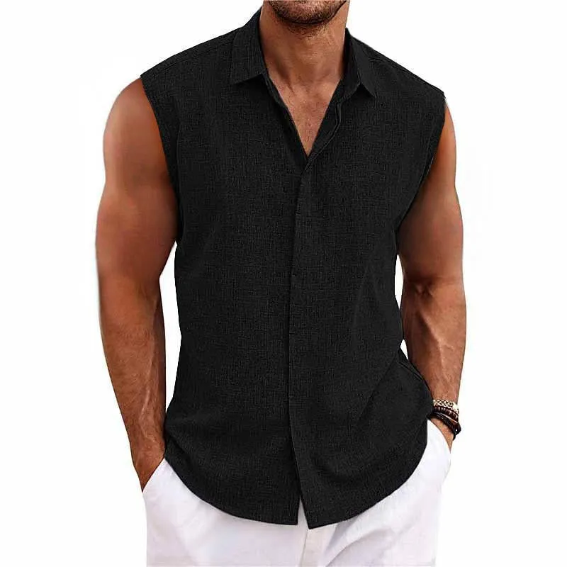 Men's Solid Color Lapel Cotton and Linen Sleeveless Shirt 33989351TO sold by Manly product image thumbnail 4