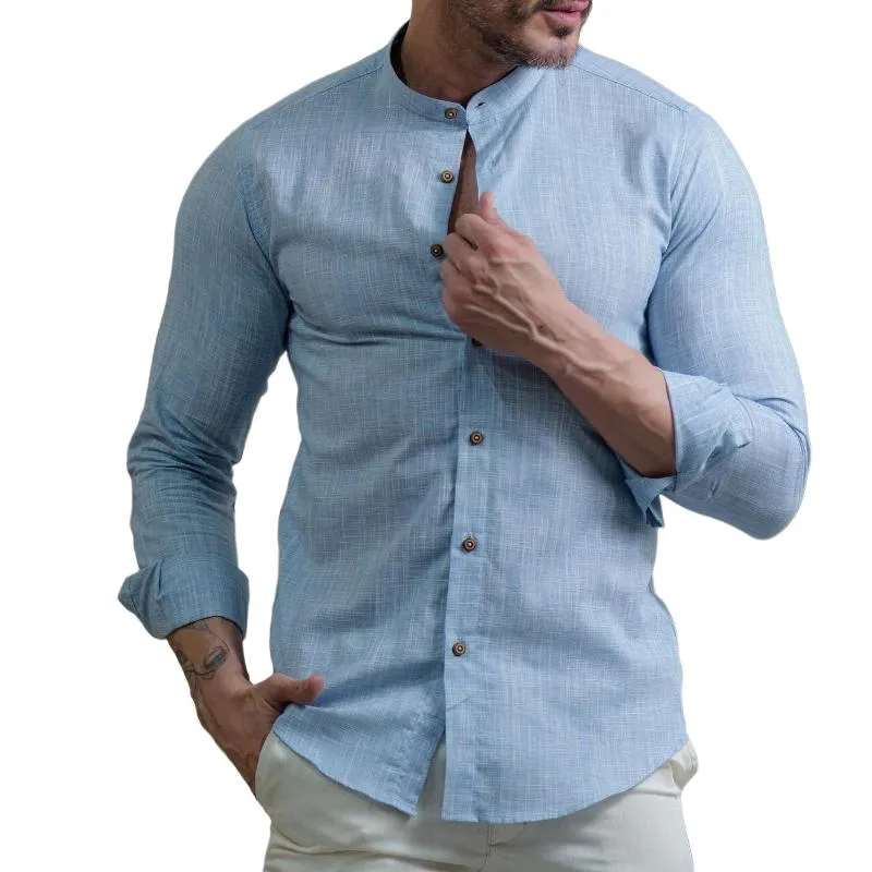 Men's Casual Vintage Cotton and Linen Stand Collar Shirt 87184447TO sold by Manly