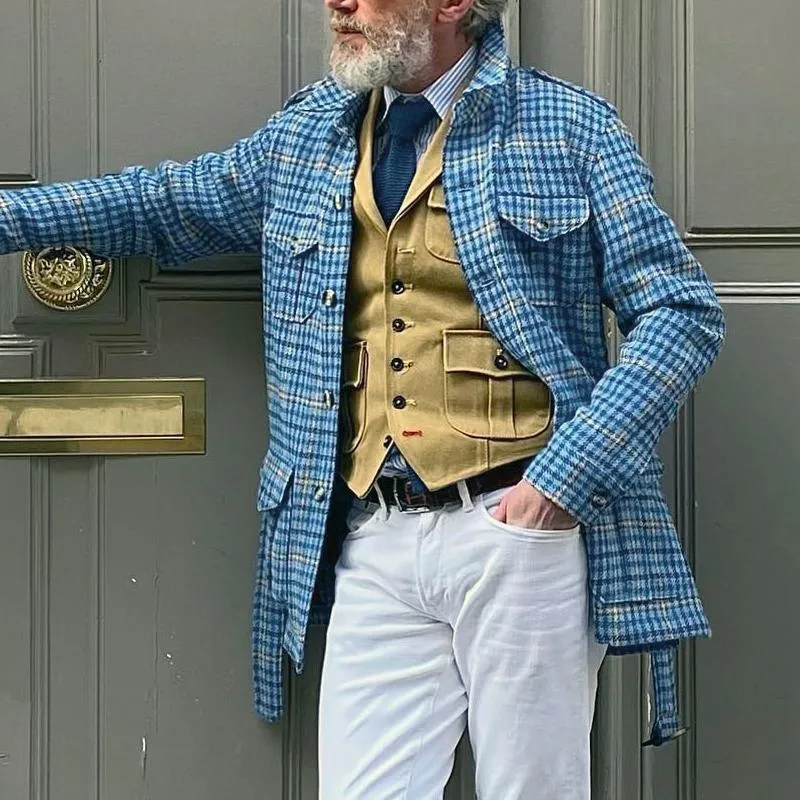 Men's Retro Checkered Lapel Single Breasted Belted Casual Coat 18611864Z sold by Manly product image thumbnail 3