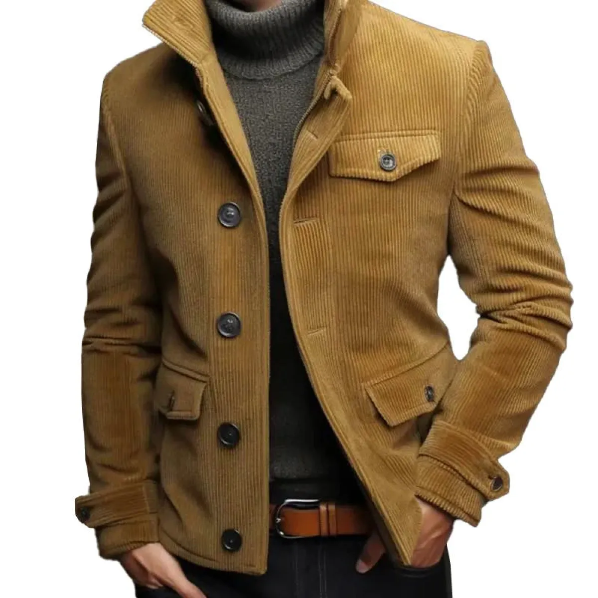 Winter Faux Pocket Casual Stand Collar Long Sleeve Corduroy Men's Sweater