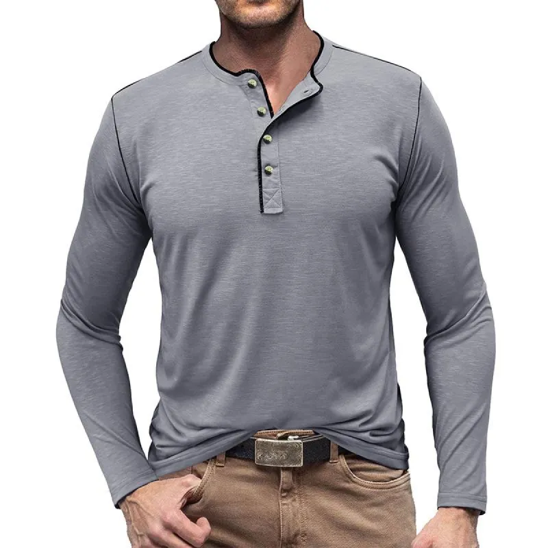 Men's Casual Crew Neck Cotton Long Sleeve Henley T-Shirt 28120451M sold by Manly
