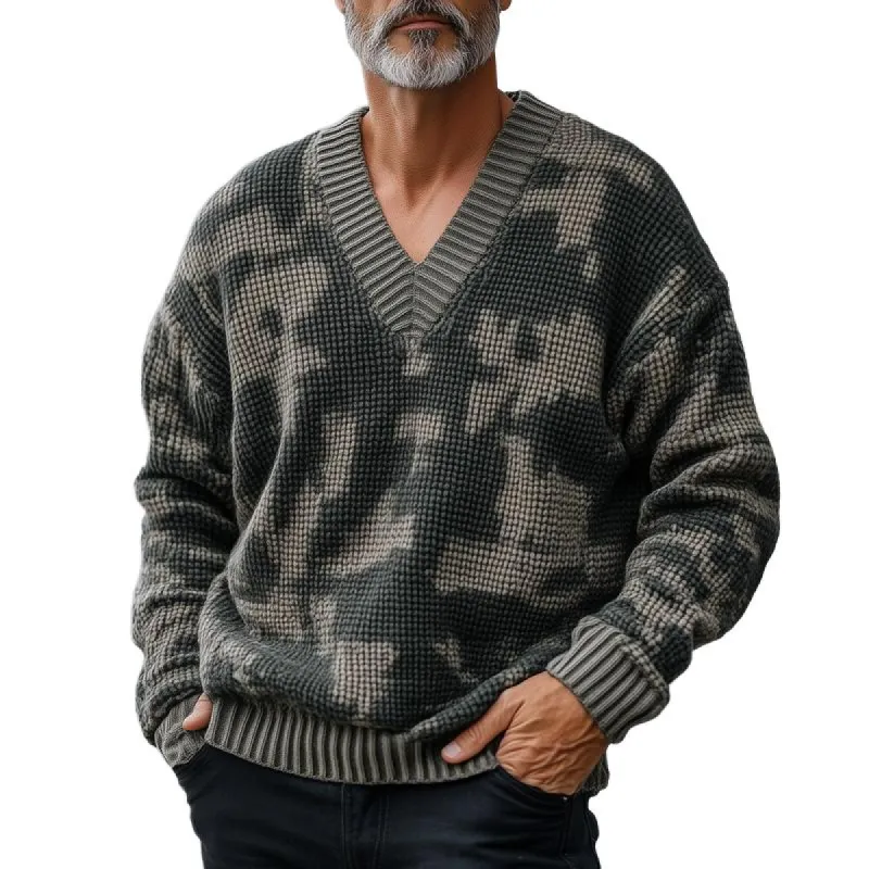 Men's Fashion Camouflage Style Pattern V Neck Long Sleeve Knitted Sweater 99639796Z made by Manly