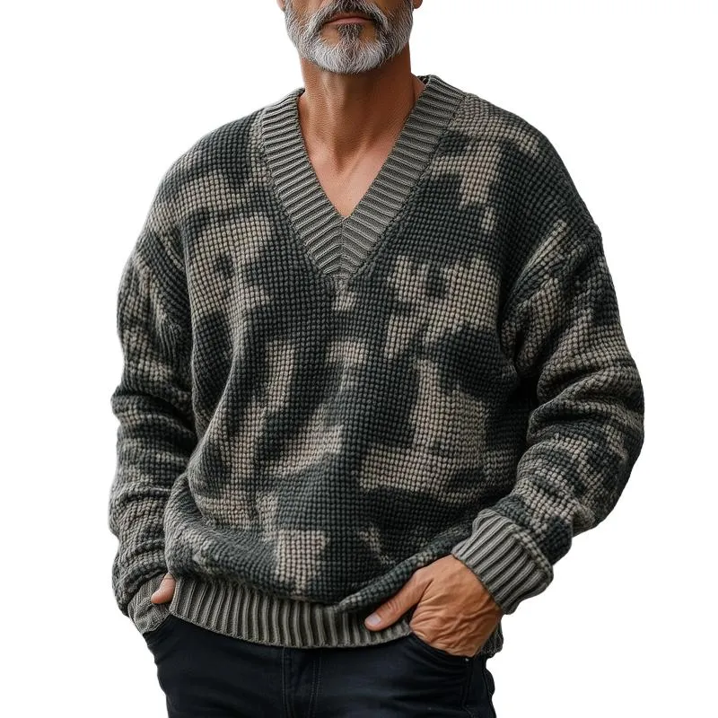 Men's Fashion Camouflage Style Pattern V Neck Long Sleeve Knitted Sweater 99639796Z sold by Manly