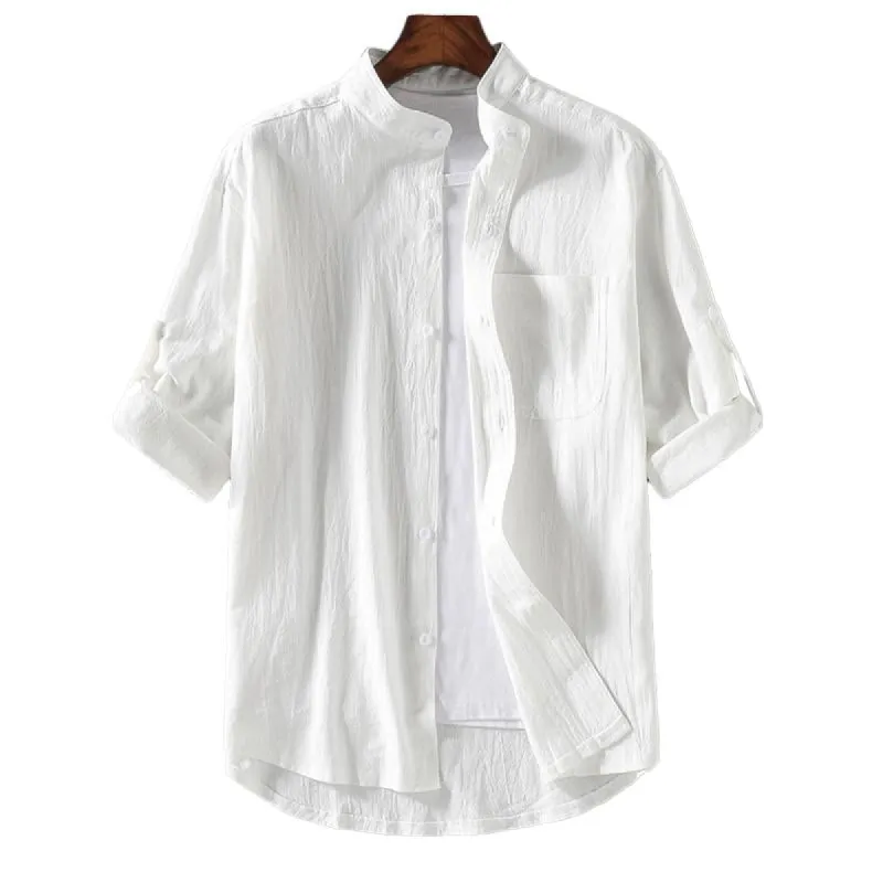 Men's Casual Solid Color Cotton Linen Stand Collar Loose Mid-Sleeve Shirt 41038788M sold by Manly