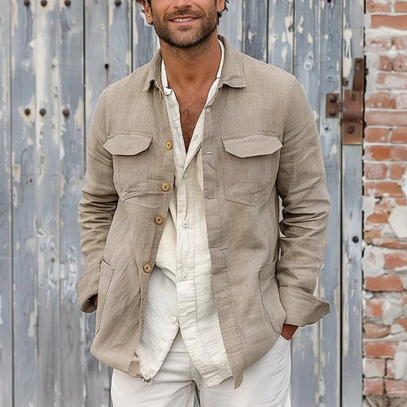 Men's Cotton And Linen Multi-Pocket Single-Breasted Thin Jacket 77827888Y sold by Manly product image thumbnail 3