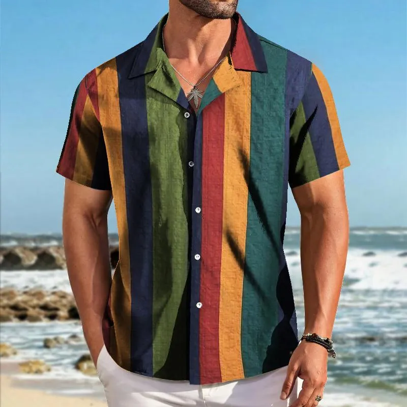 Men's Retro Colorful Striped Lapel Short Sleeve Shirt 01510924TO sold by Manly product image thumbnail 2