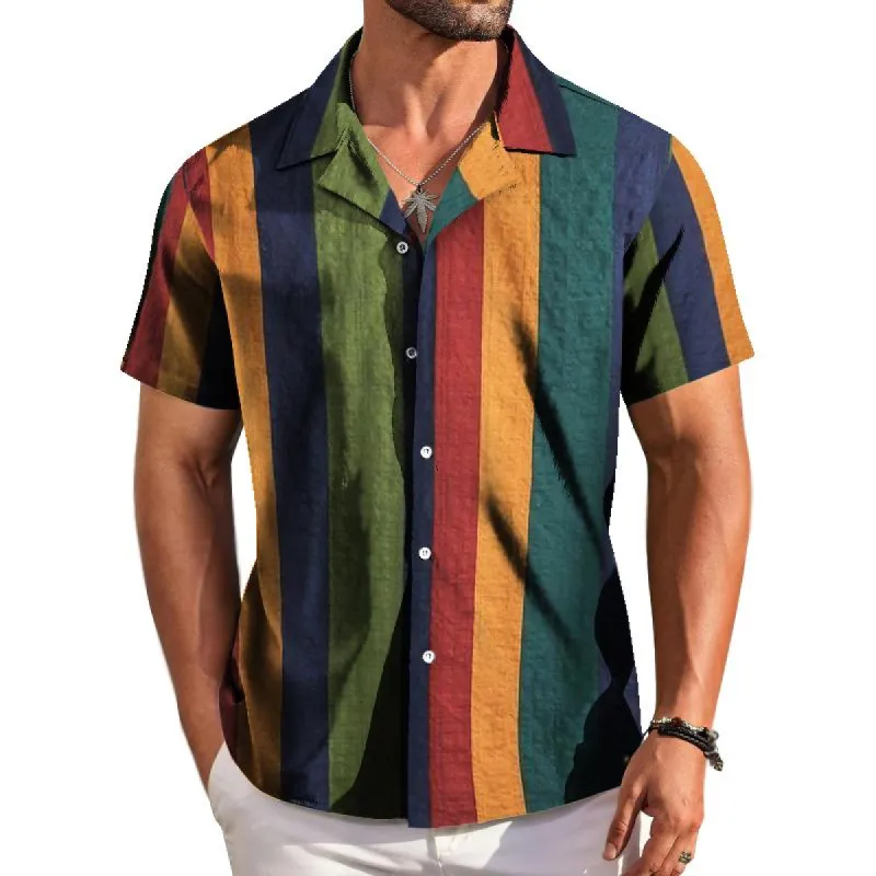 Men's Retro Colorful Striped Lapel Short Sleeve Shirt 01510924TO sold by Manly