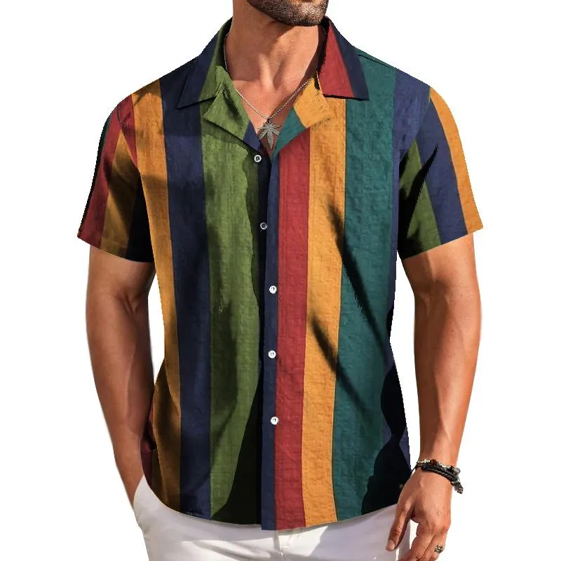 Men's Retro Colorful Striped Lapel Short Sleeve Shirt 01510924TO sold by Manly