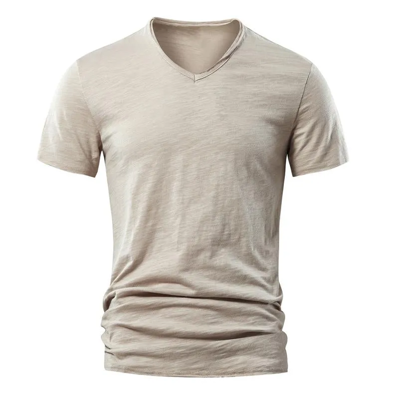 Men's Solid Color Slub Cotton V-neck Short-sleeved T-shirt 73963939X sold by Manly product image thumbnail 2