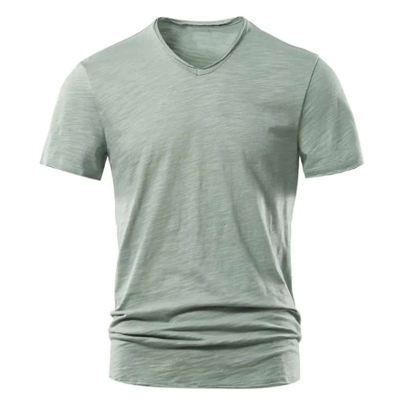 Men's Solid Color Slub Cotton V-neck Short-sleeved T-shirt 73963939X sold by Manly