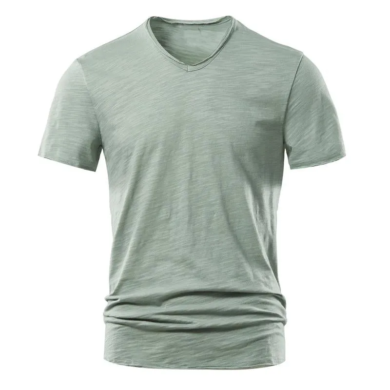 Men's Solid Color Slub Cotton V-neck Short-sleeved T-shirt 73963939X sold by Manly