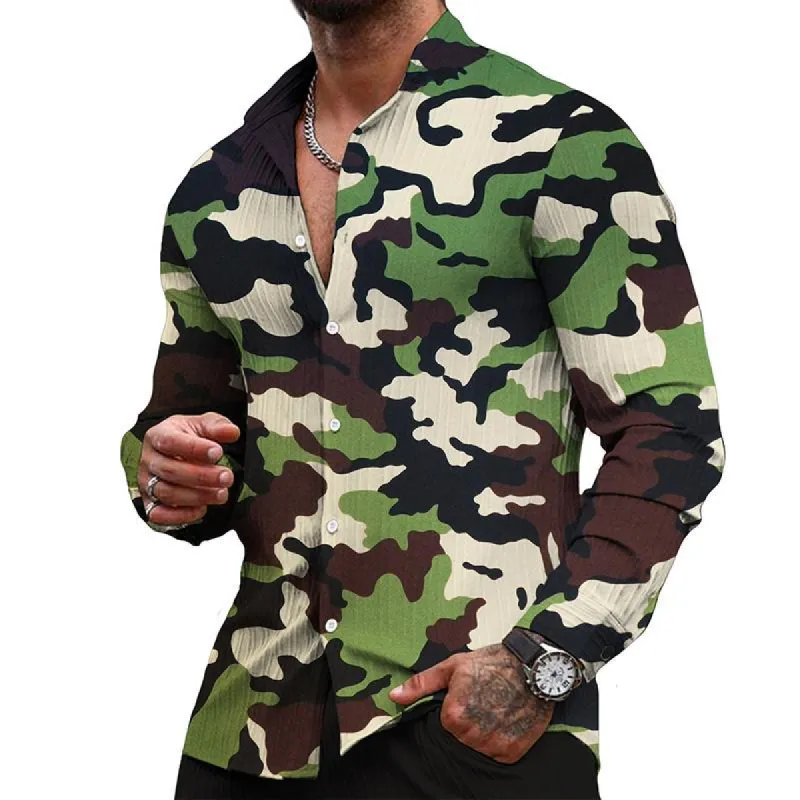 Men's Retro Camo Stand Collar Long Sleeve Shirt 46114355TO sold by Manly