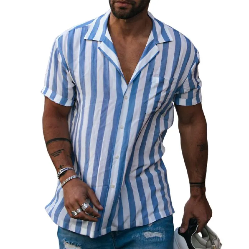 Men's Casual Striped Lapel Short Sleeve Shirt 78353162TO sold by Manly