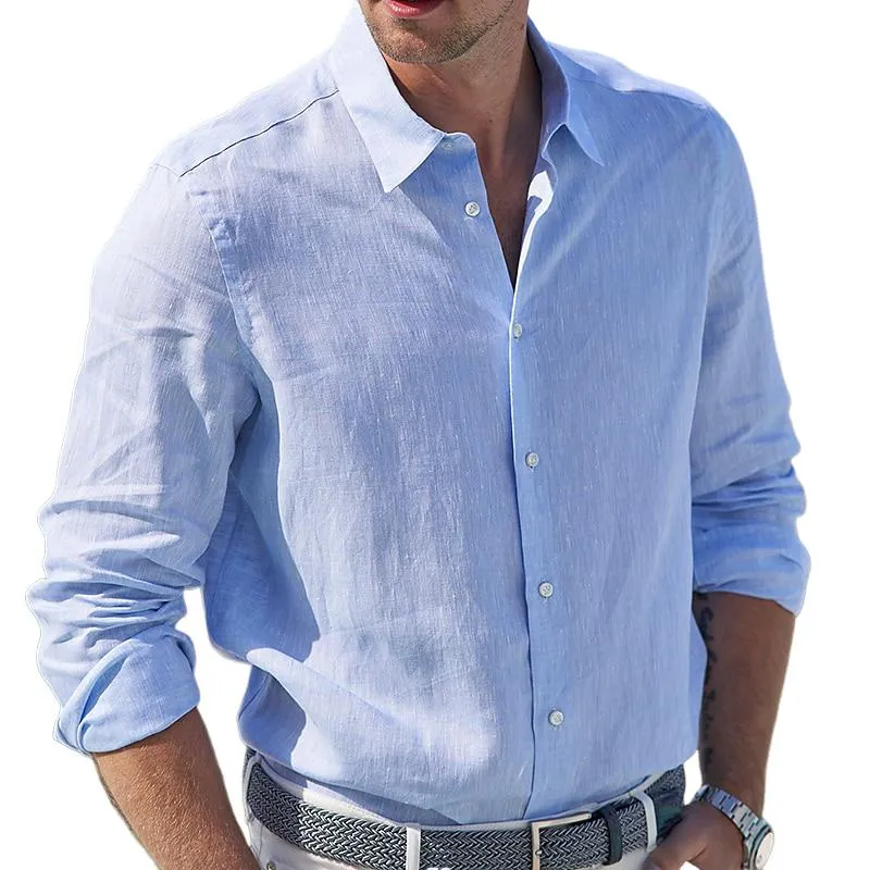 Men's Solid Color Cotton and Linen Long-sleeved Shirt 33380589X sold by Manly