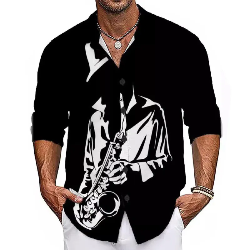 Men's Casual Music Print Long Sleeve Shirt 00906010X sold by Manly