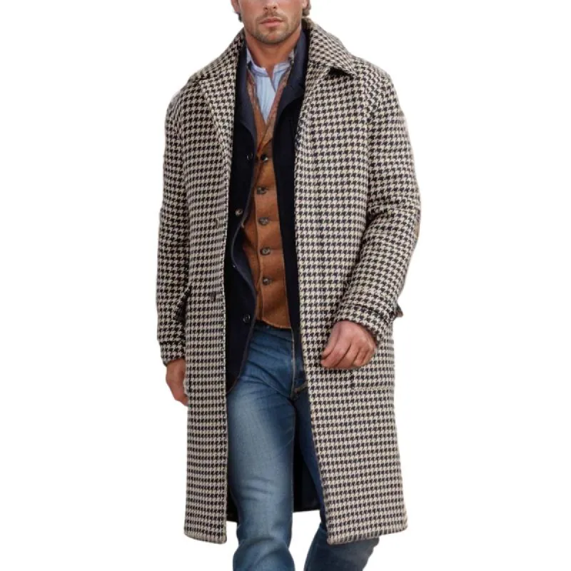 Men's Fashion Houndstooth Lapel Single Breasted Long Coat 85231554Z sold by Manly
