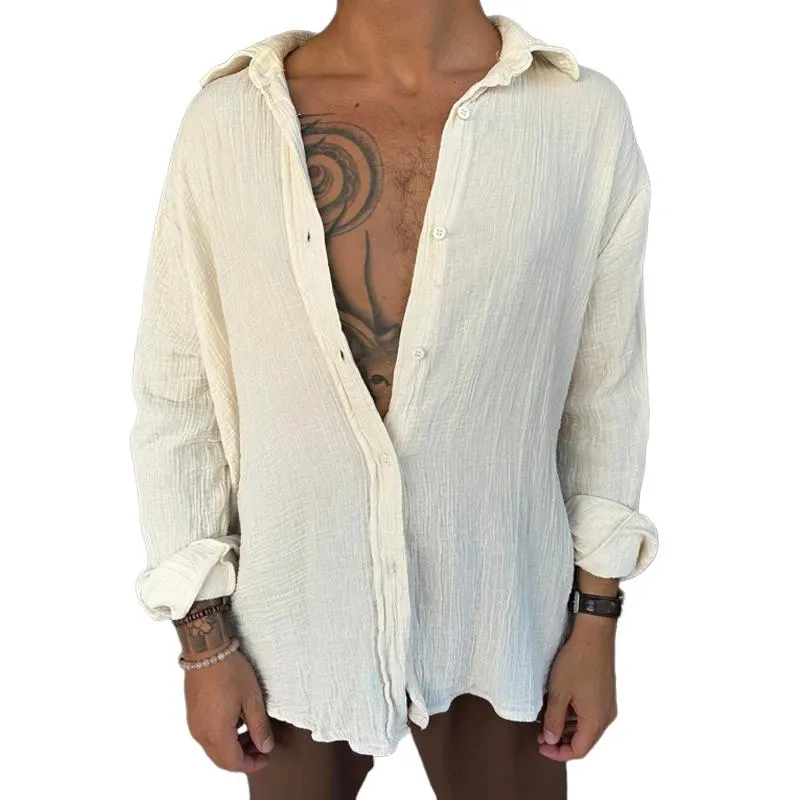 Men's Solid Cotton And Linen Lapel Long Sleeve Casual Shirt 46437307Z sold by Manly