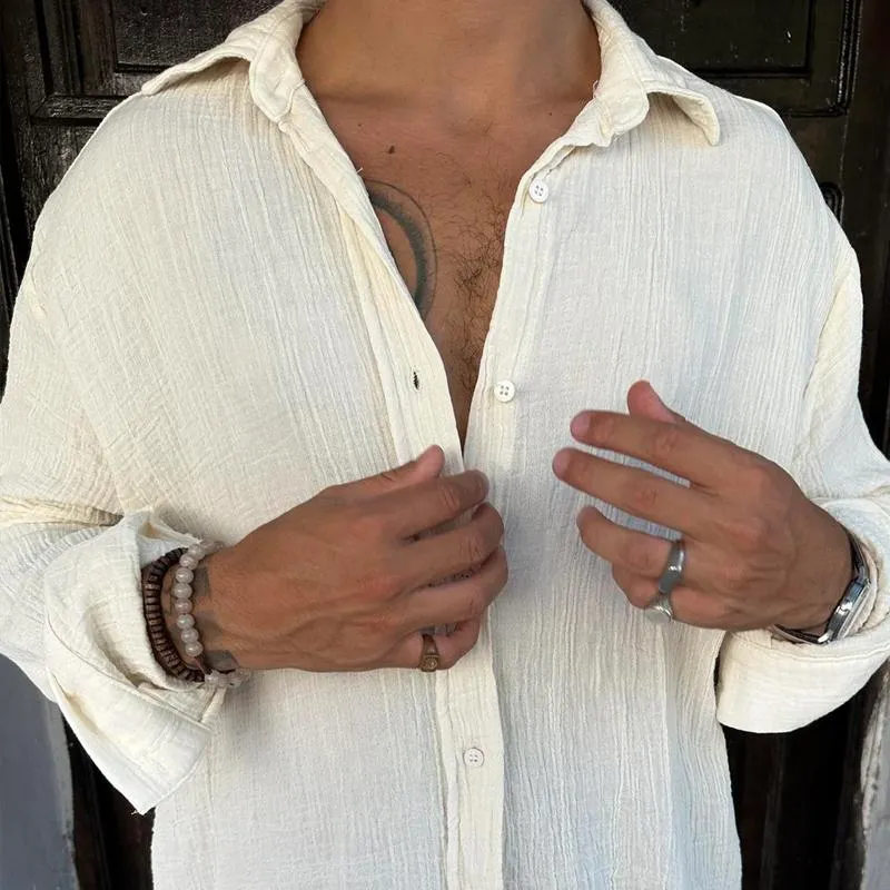 Men's Solid Cotton And Linen Lapel Long Sleeve Casual Shirt 46437307Z sold by Manly product image thumbnail 3