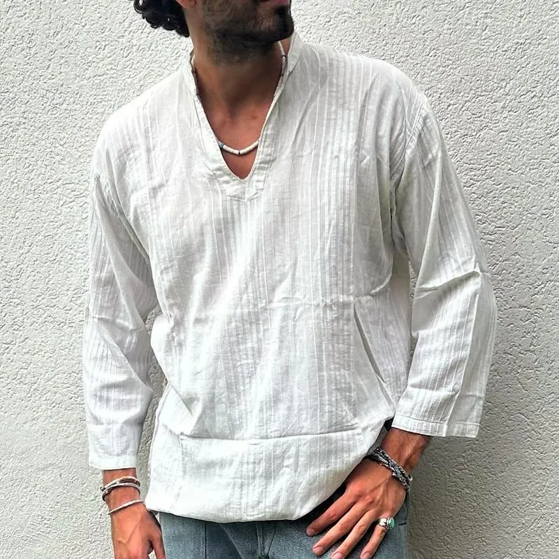 Men's Solid Cotton And Linen Striped V Neck Long Sleeve Shirt 53611194Z sold by Manly product image thumbnail 2