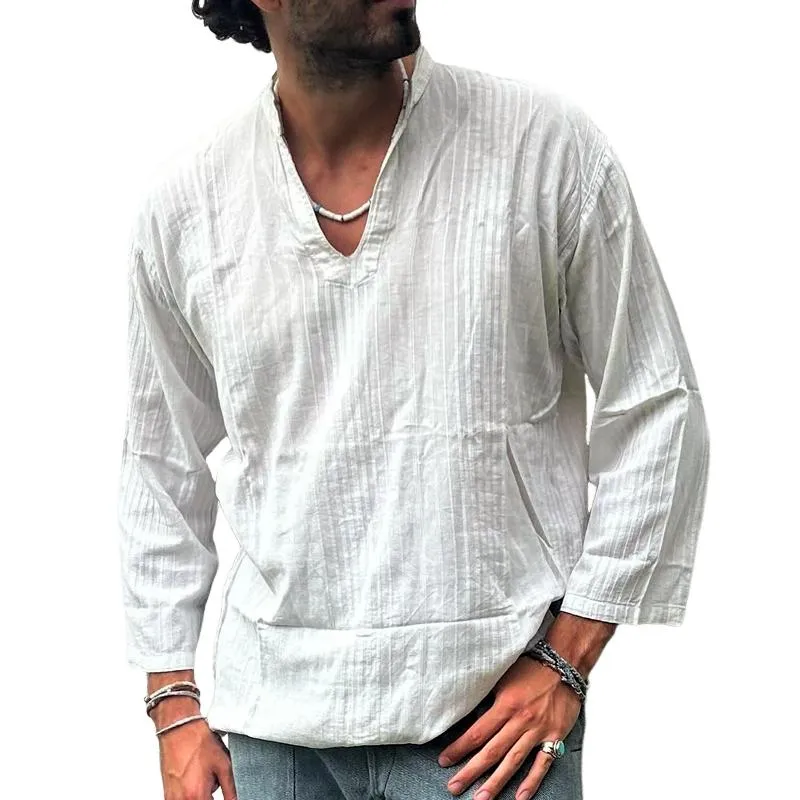 Men's Solid Cotton And Linen Striped V Neck Long Sleeve Shirt 53611194Z sold by Manly