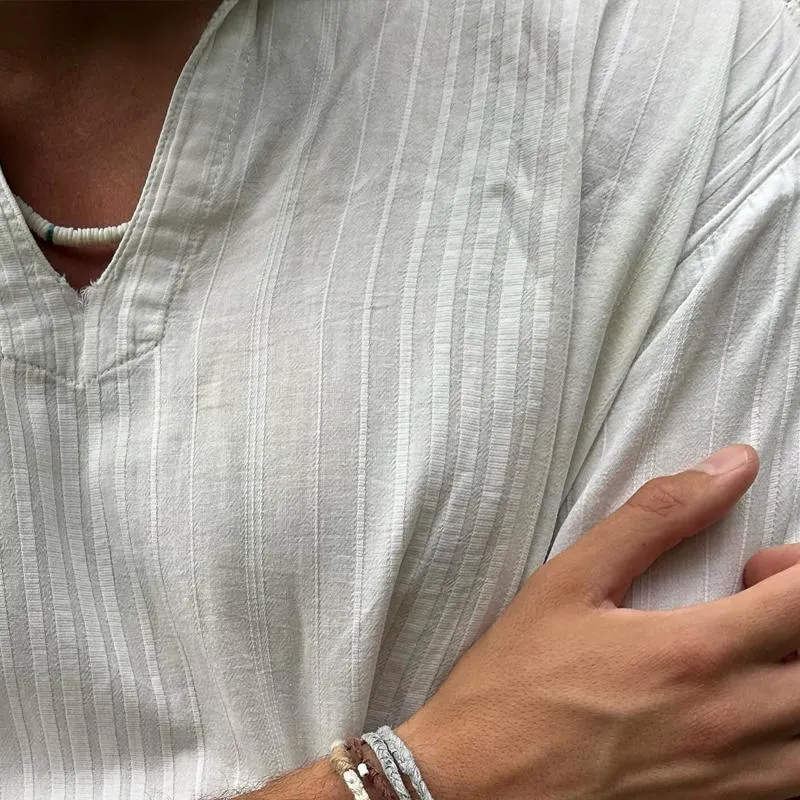 Men's Solid Cotton And Linen Striped V Neck Long Sleeve Shirt 53611194Z sold by Manly product image thumbnail 3