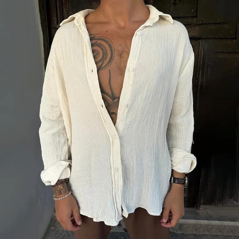 Men's Solid Cotton And Linen Lapel Long Sleeve Casual Shirt 46437307Z sold by Manly product image thumbnail 2