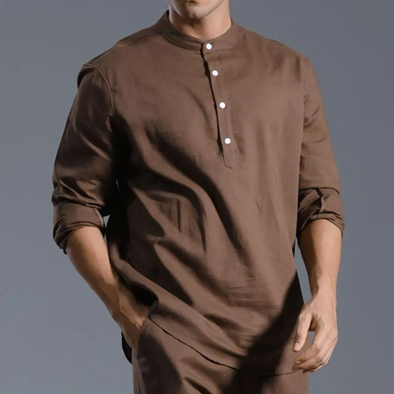 Men's Solid Cotton And Linen Henley Collar Long Sleeve Shirt 53055923Z sold by Manly product image thumbnail 4