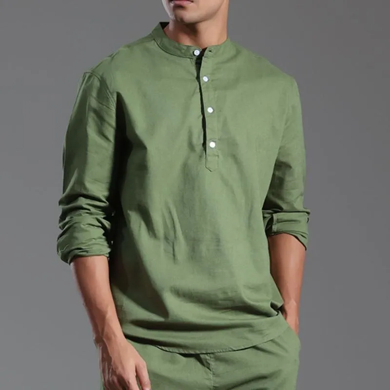 Men's Solid Cotton And Linen Henley Collar Long Sleeve Shirt 53055923Z sold by Manly product image thumbnail 2