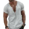 Men's Cotton and Linen Casual Round Neck Henley T-Shirt 07564027X sold by Manly