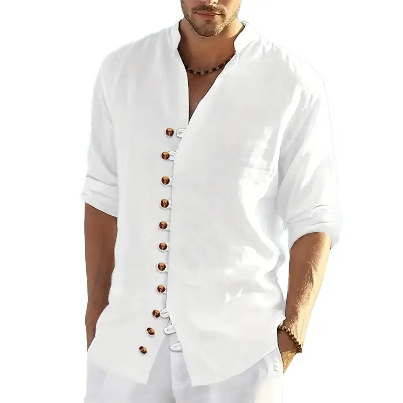 Men's Solid Cotton And Linen V Neck Long Sleeve Casual Shirt 33955665Z sold by Manly