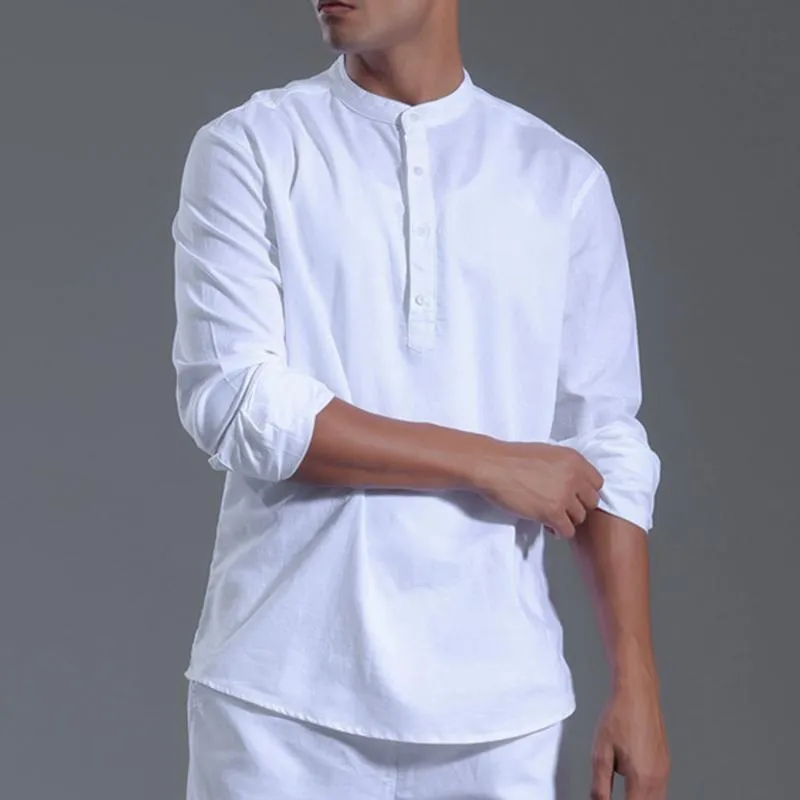 Men's Solid Cotton And Linen Henley Collar Long Sleeve Shirt 53055923Z sold by Manly product image thumbnail 5