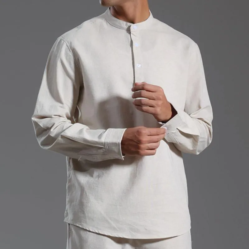Men's Solid Cotton And Linen Henley Collar Long Sleeve Shirt 53055923Z sold by Manly product image thumbnail 3