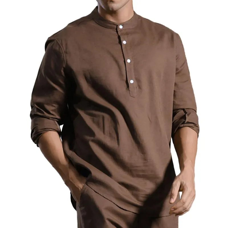 Men's Solid Cotton And Linen Henley Collar Long Sleeve Shirt 53055923Z sold by Manly