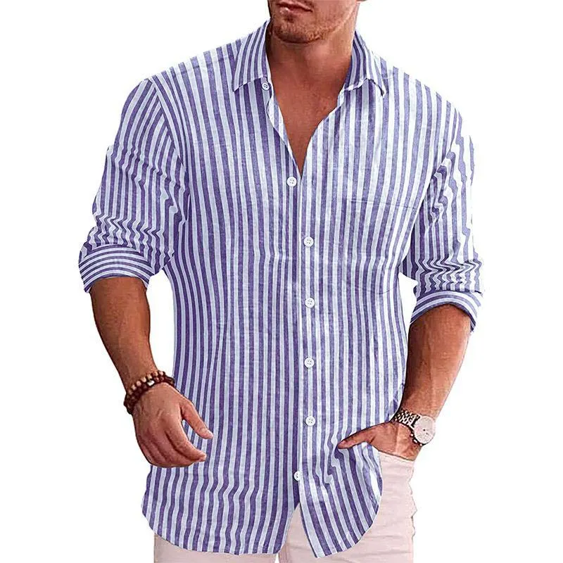 Men's Casual Lapel Striped Long Sleeve Shirt 22151711M sold by Manly