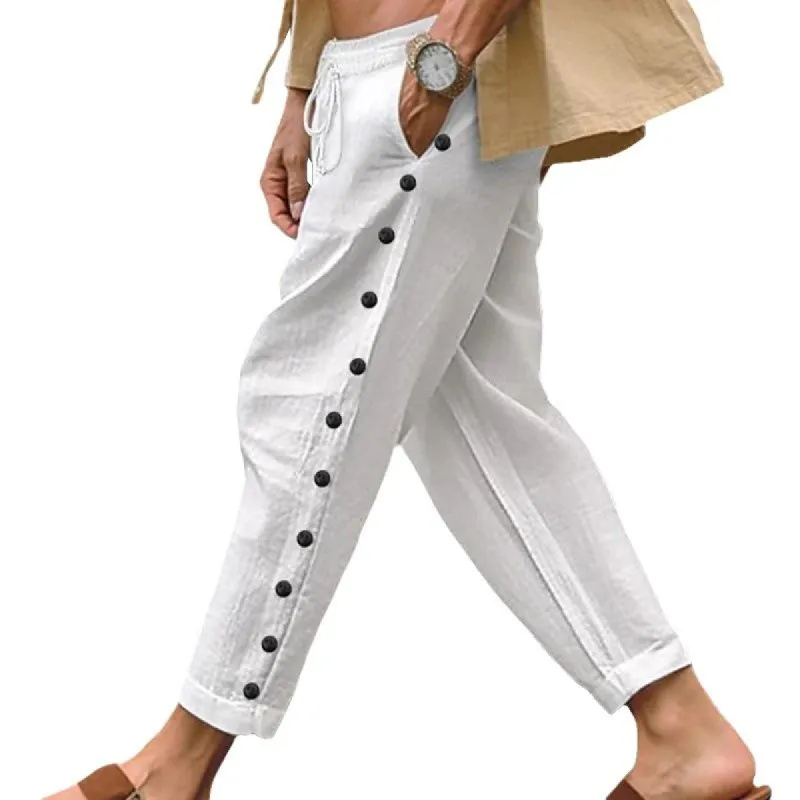 Men's Solid Loose Elastic Waist Buttons Decor Casual Pants 42155612Z sold by Manly
